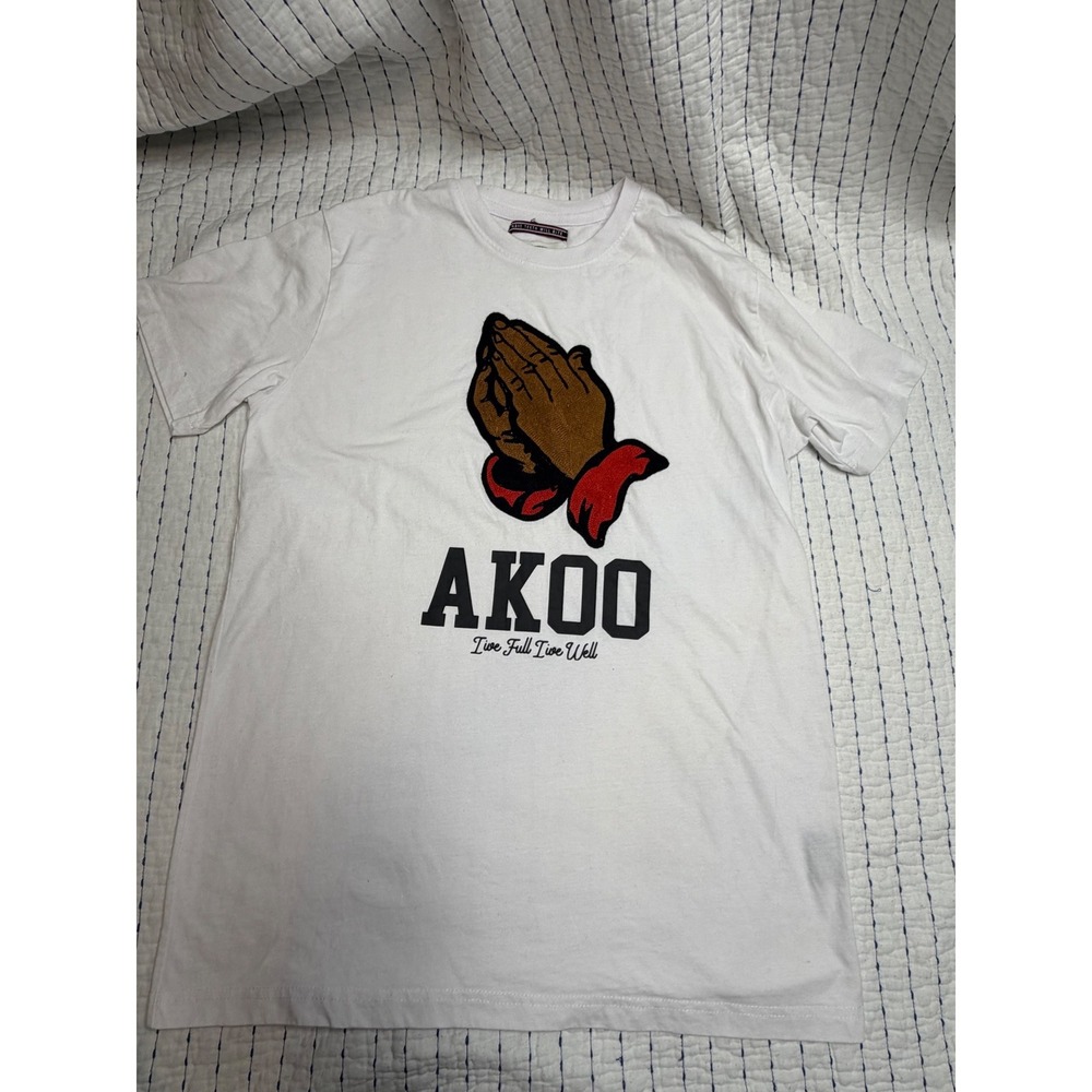 AKOO Evolution Mens White Praying Hands Graphic T-Shirt Size M Streetwear Tee